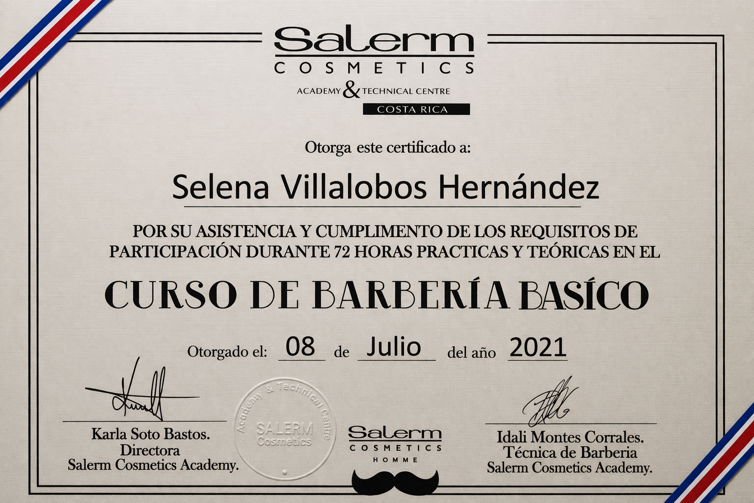 Certificado del curso de barbería básica de Selena Villalobos Hernández